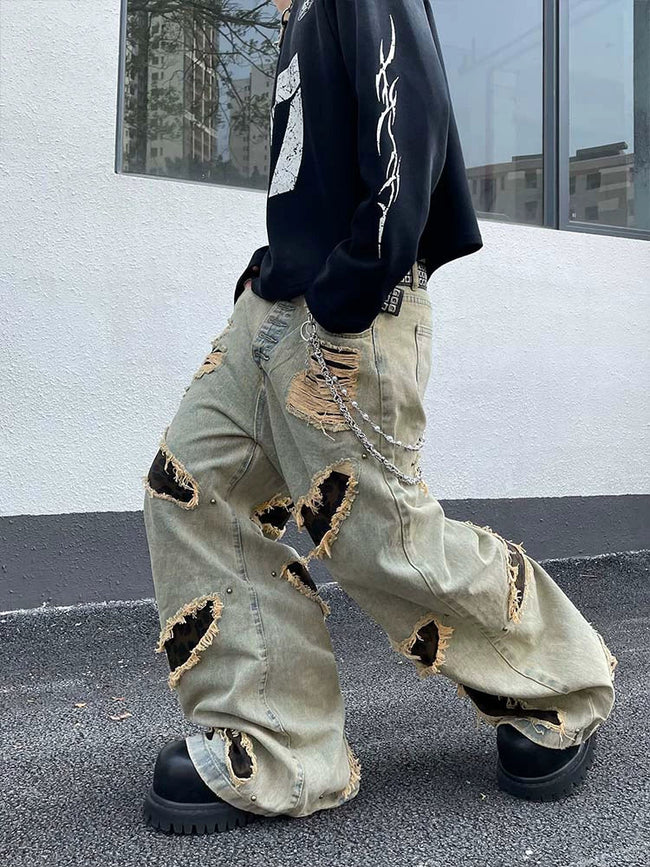 【Jun 25s.】Ripped Leopard Print Loose Wide Leg Jeans Main Image