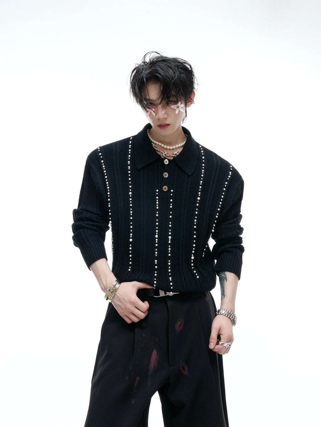 【25s Aug.】Pearl-Embellished Knit Polo Shirt