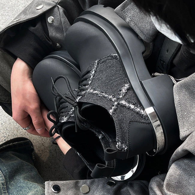 Denim Patchwork Iron Plate Thick-soled Derby Shoes Hover Image