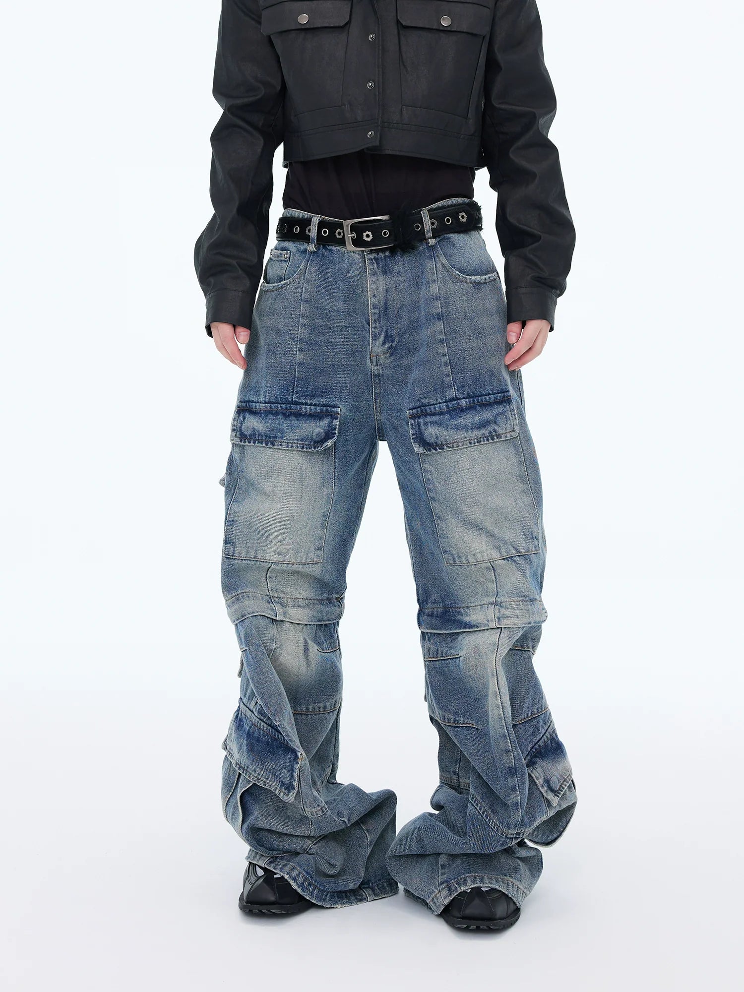 【25s Aug.】Washed Detachable Multi-Pocket Wide-Leg Jeans