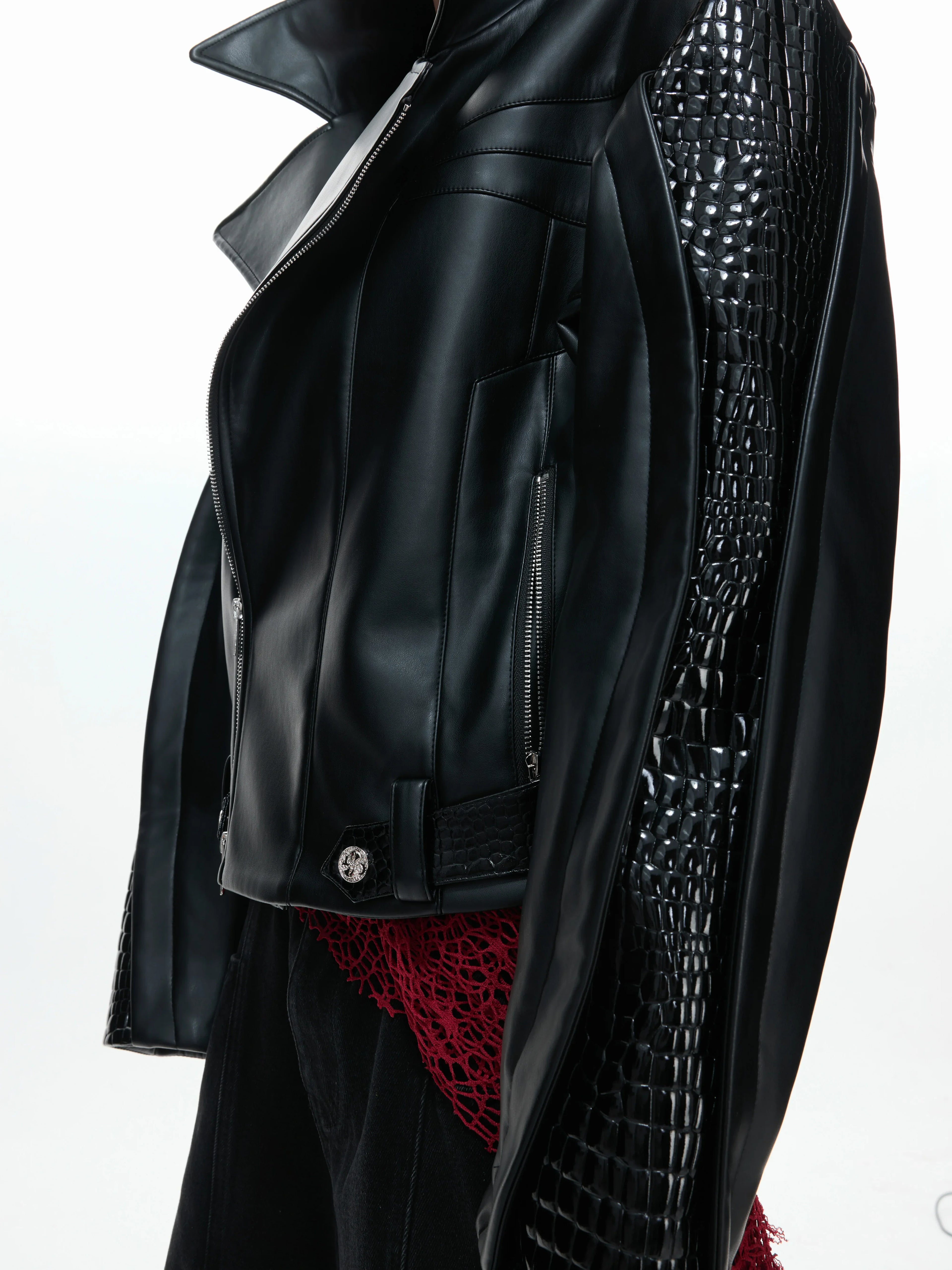【26s Feb.】Deconstructed Croc-Embossed Asymmetric Zip Leather Jacket