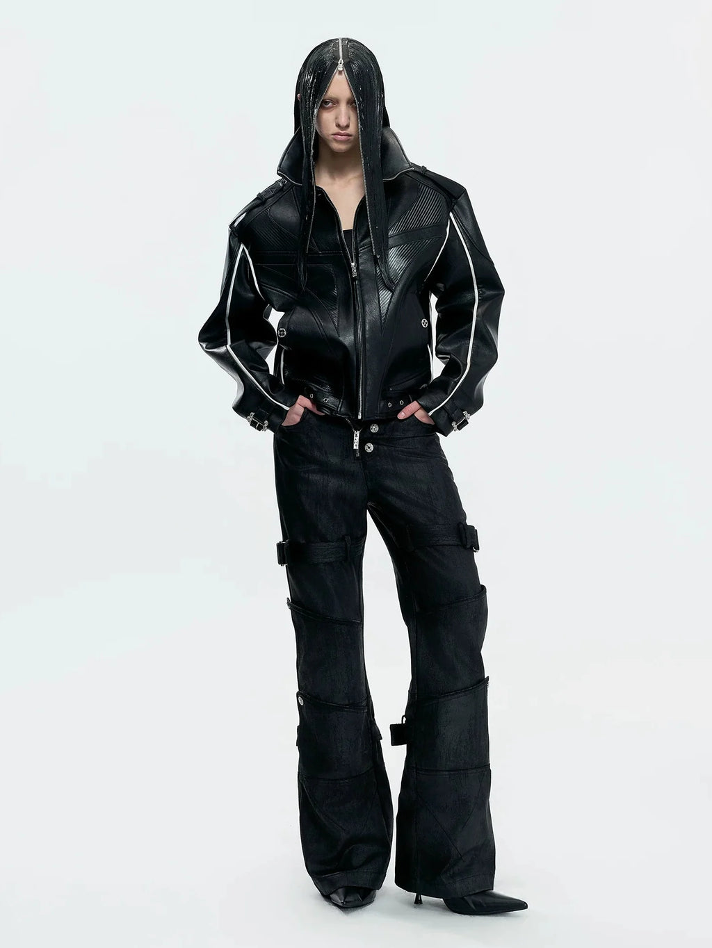 【26s May】Waxed Distressed Zip Panel Straight Denim Pants