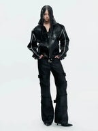 【26s May】Waxed Distressed Zip Panel Straight Denim Pants