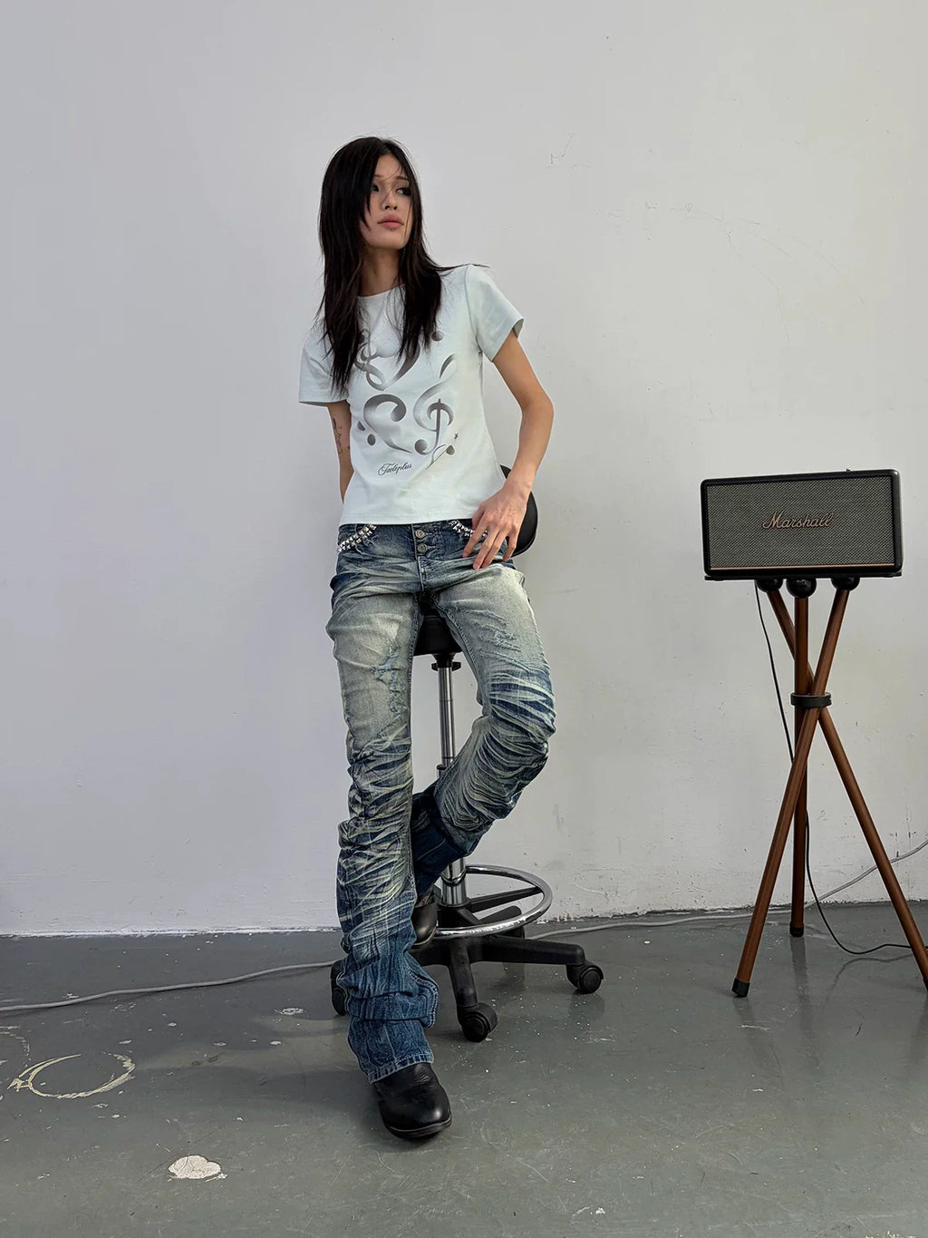 Ice Blue Studded Curved Skinny Jeans