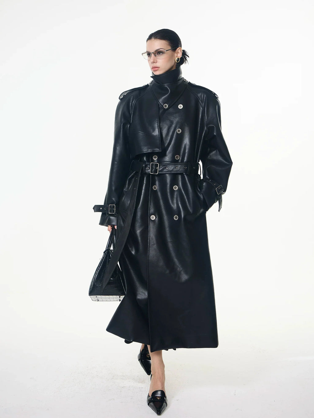 【26s May】Deconstructed PU Leather Double-Breasted Trench Coat