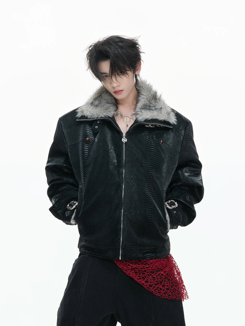 【26s Jan.】Black Python Textured Eagle Down Leather Jacket