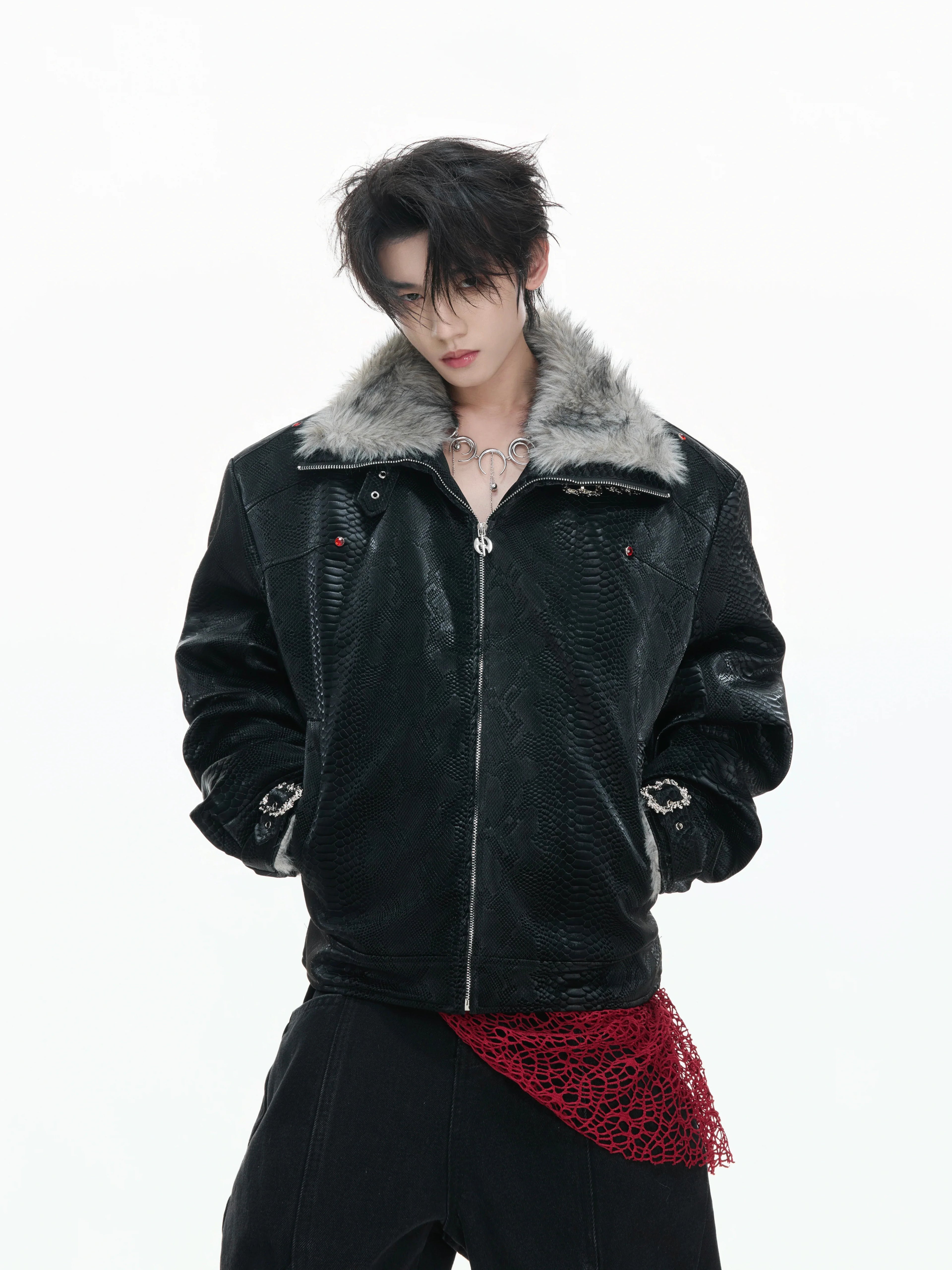 【26s Jan.】Black Python Textured Eagle Down Leather Jacket