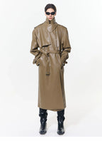 【26s May】Deconstructed PU Leather Double-Breasted Trench Coat