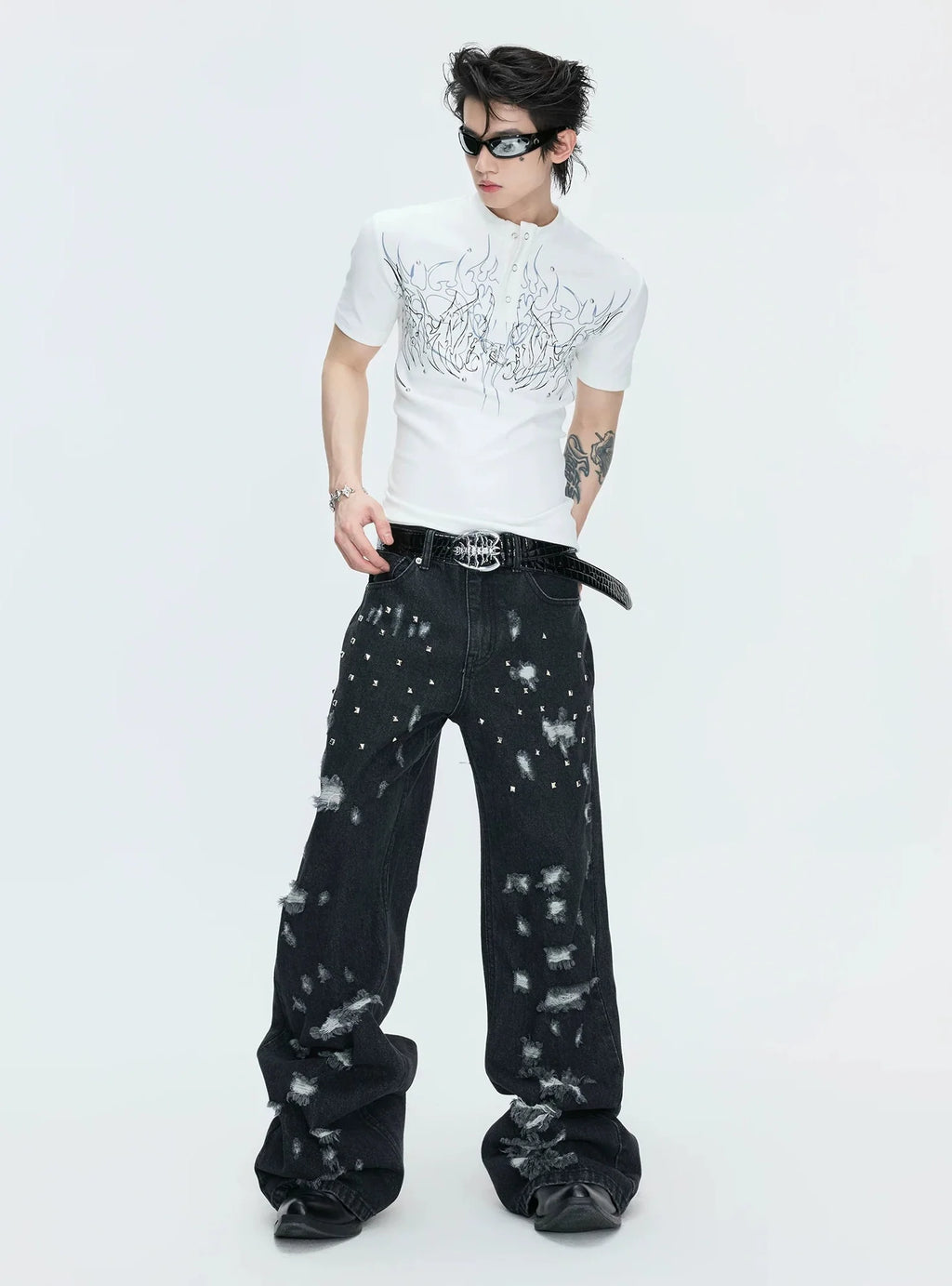 Gothic Flame Studded Slim Tee