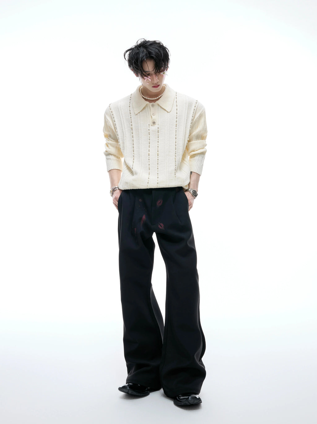 【25s Aug.】Pearl-Embellished Knit Polo Shirt