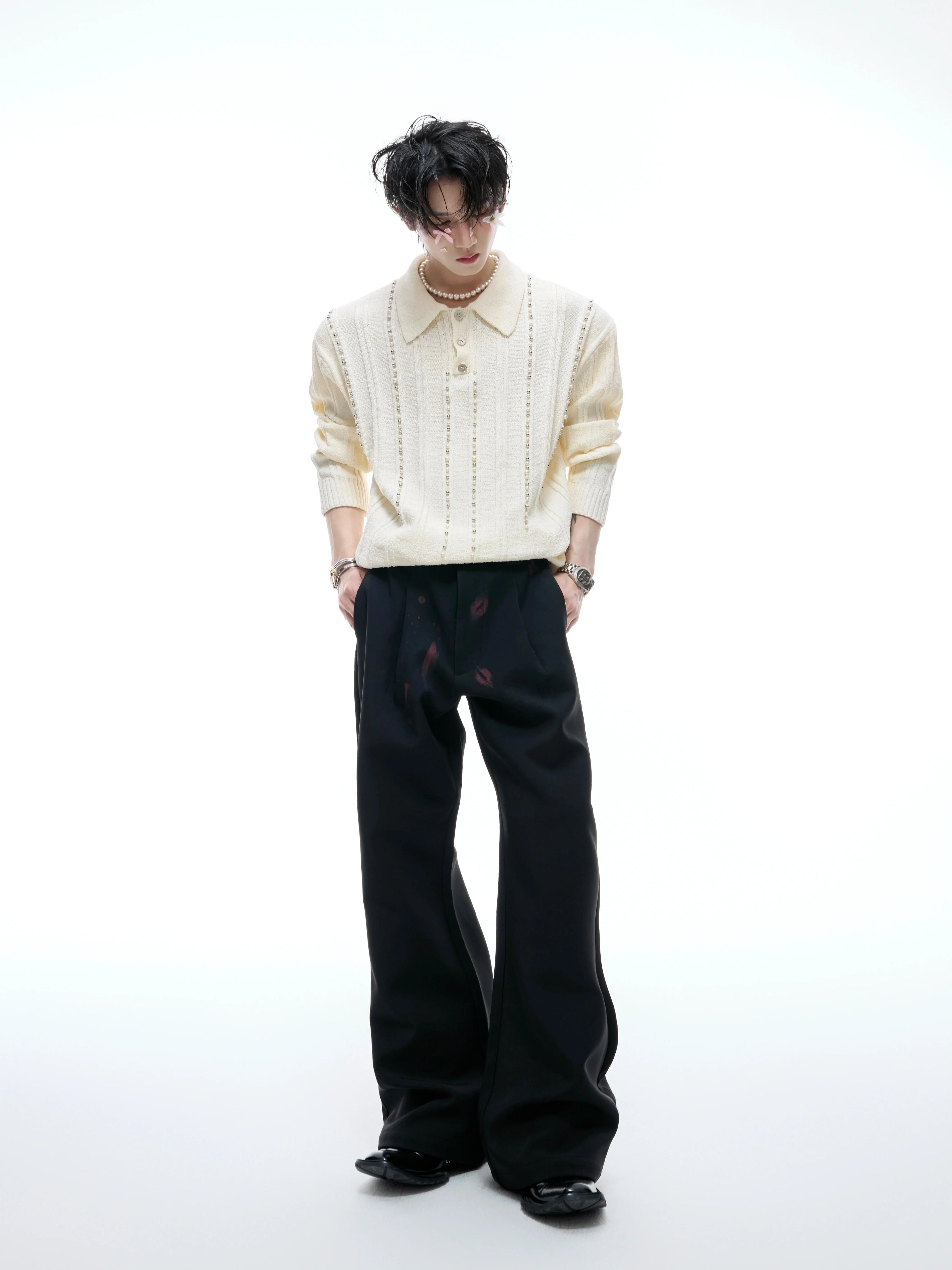 【25s Aug.】Pearl-Embellished Knit Polo Shirt