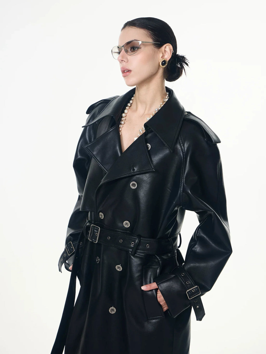 【26s May】Deconstructed PU Leather Double-Breasted Trench Coat