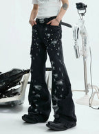【26s Apr.】Distressed Studded Irregular Flared Denim Pants