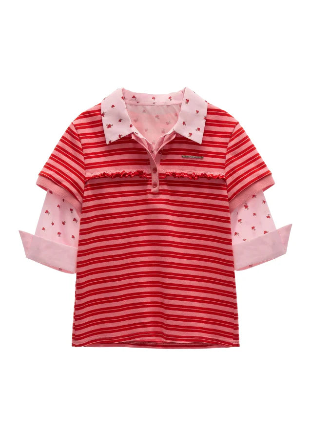 Red Stripe Faux Two-Piece Polo Tee