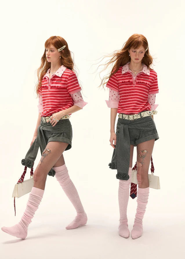 Red Stripe Faux Two-Piece Polo Tee