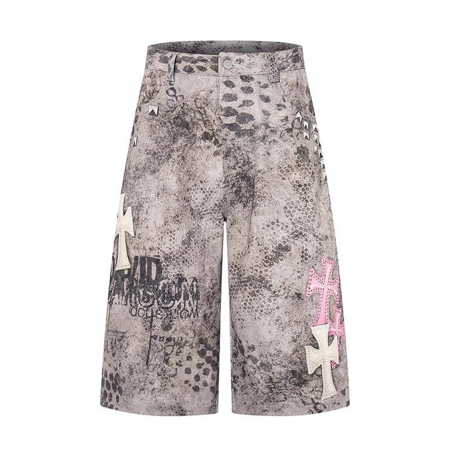 Cross Studded PU Patch Denim Shorts Hover Image
