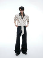 【25s Aug.】Diamond-embellished Ribbon-trimmed Shirt