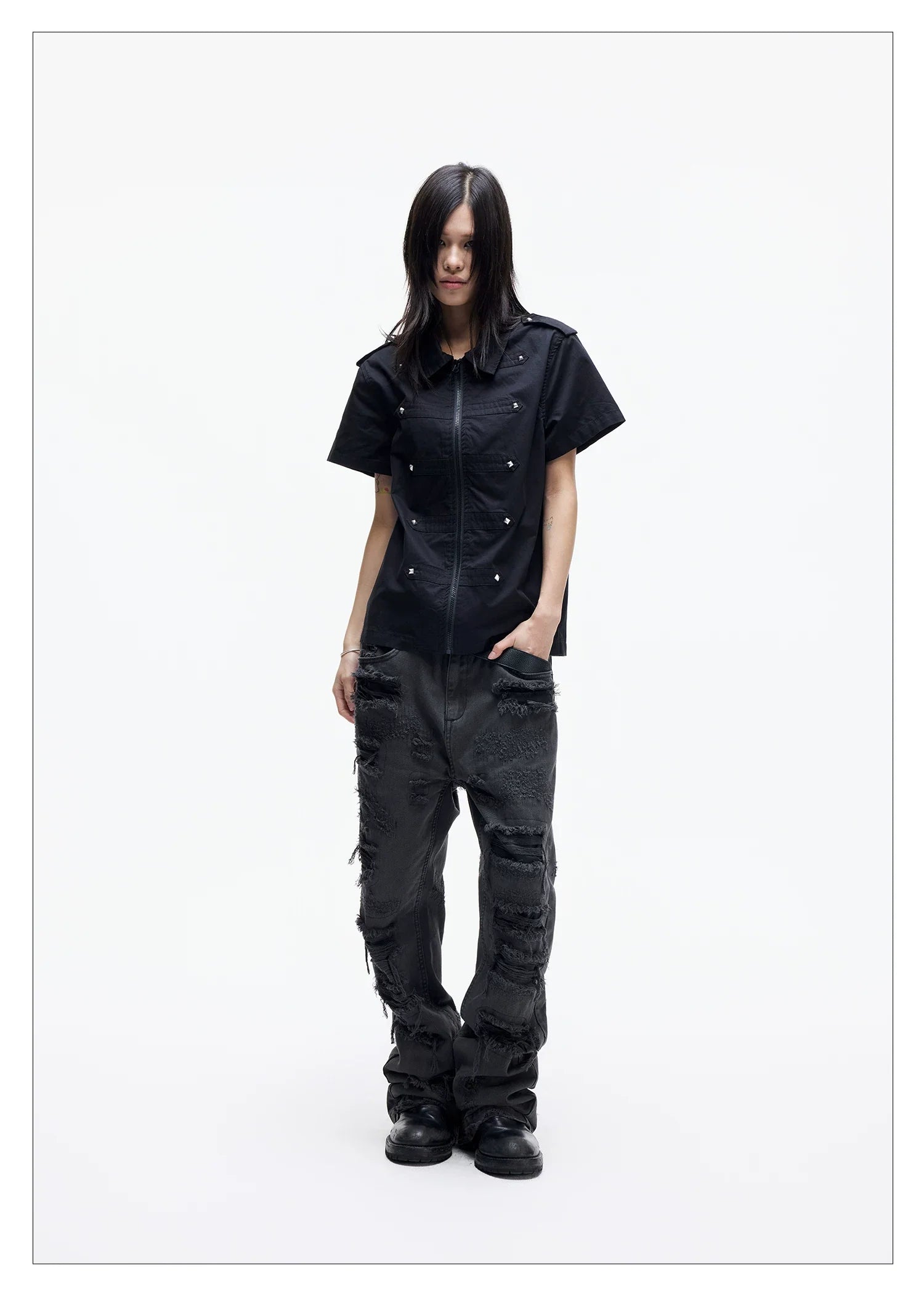 Distressed Raw Hem Slim Straight Jeans