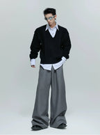 【25s Oct.】Shirt-paneled Button-down V-neck Sweater