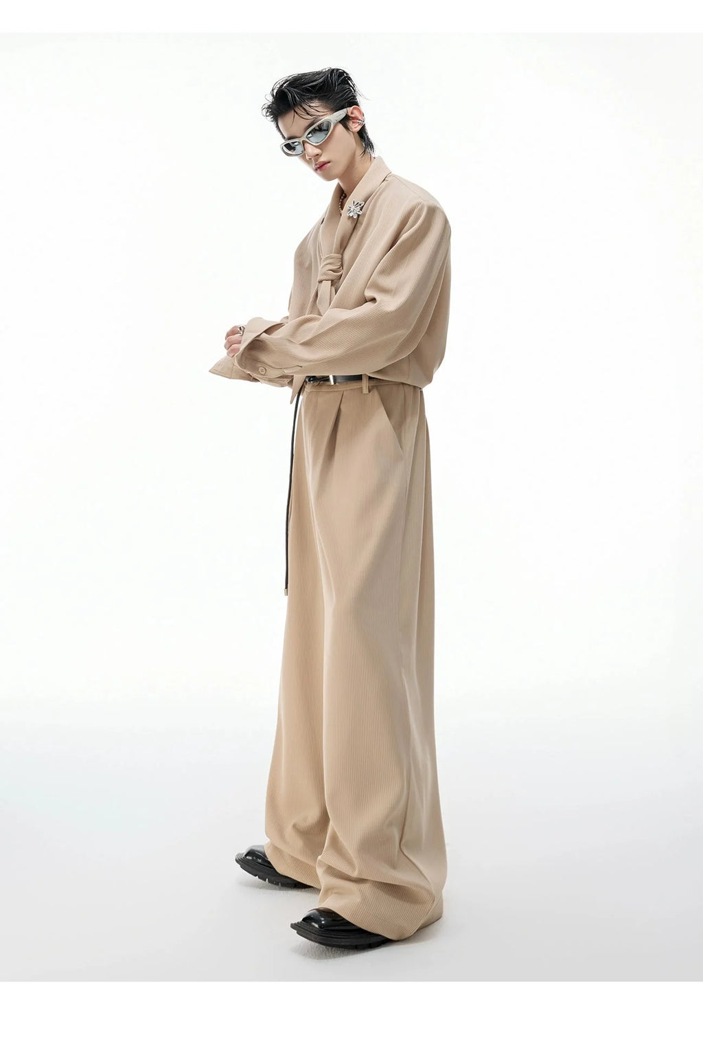 【26s Apr.】Scarf Shoulder Pad Shirt / Drape Wide-leg Pants