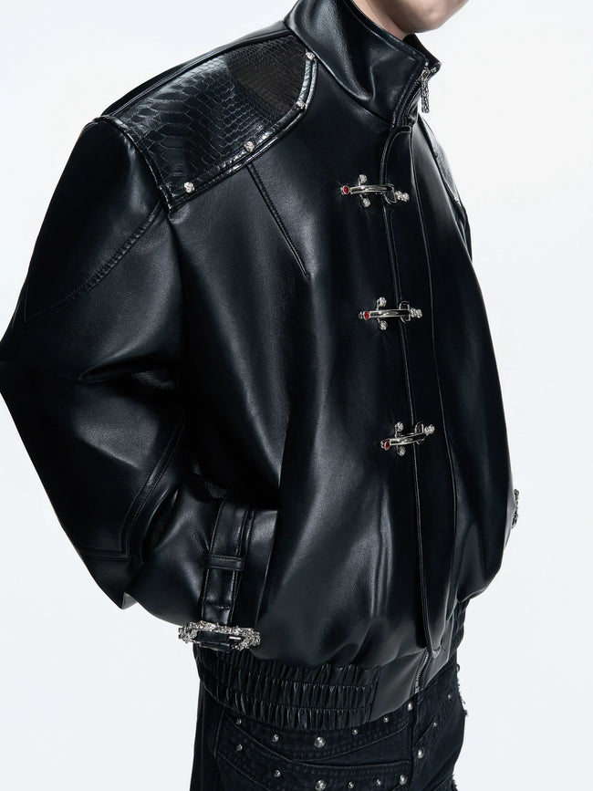 【26s Mar.】Snake-Embossed Aviator Leather Jacket Hover Image