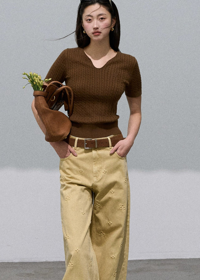 Veins of Autumn Leaves  Embossed Cotton Wide-Leg Jeans Hover Image