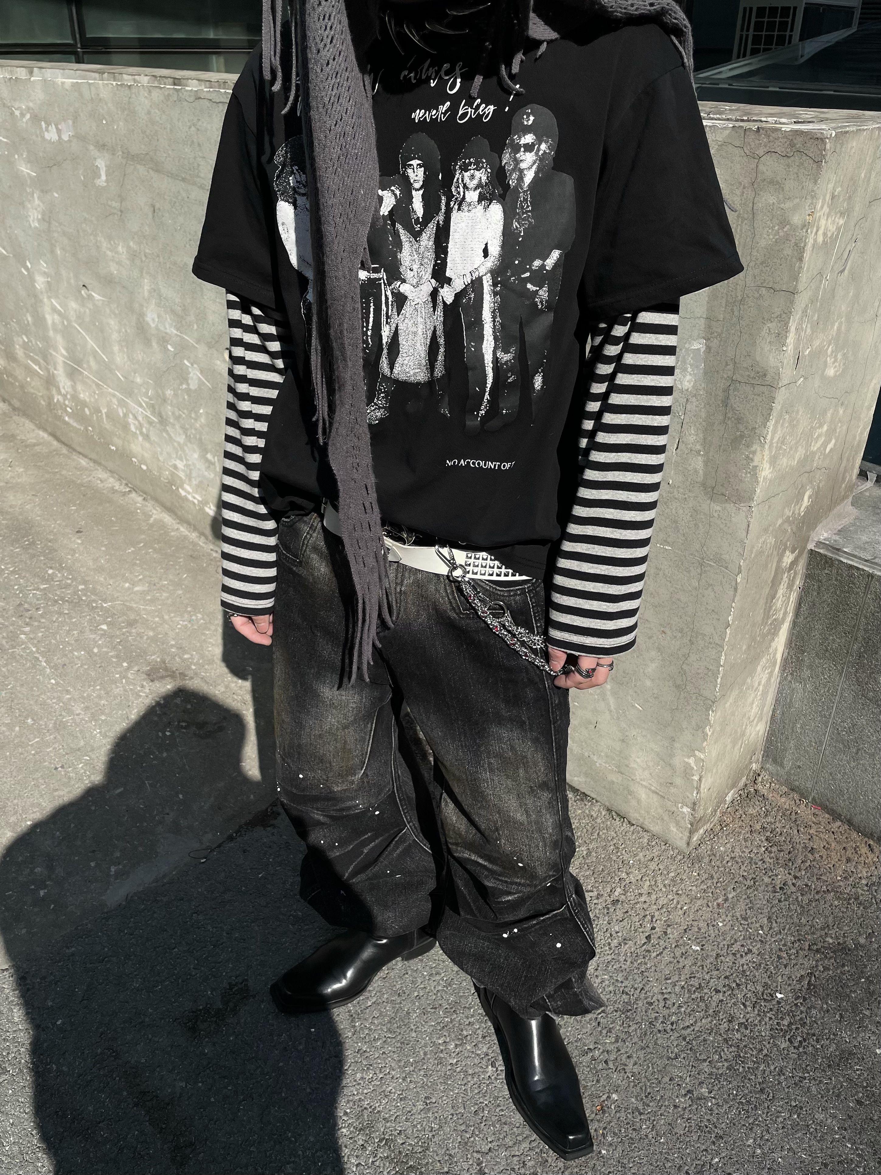 【25s Mar.】Character Print Rock Mock Two Piece Stripe Stitching Top