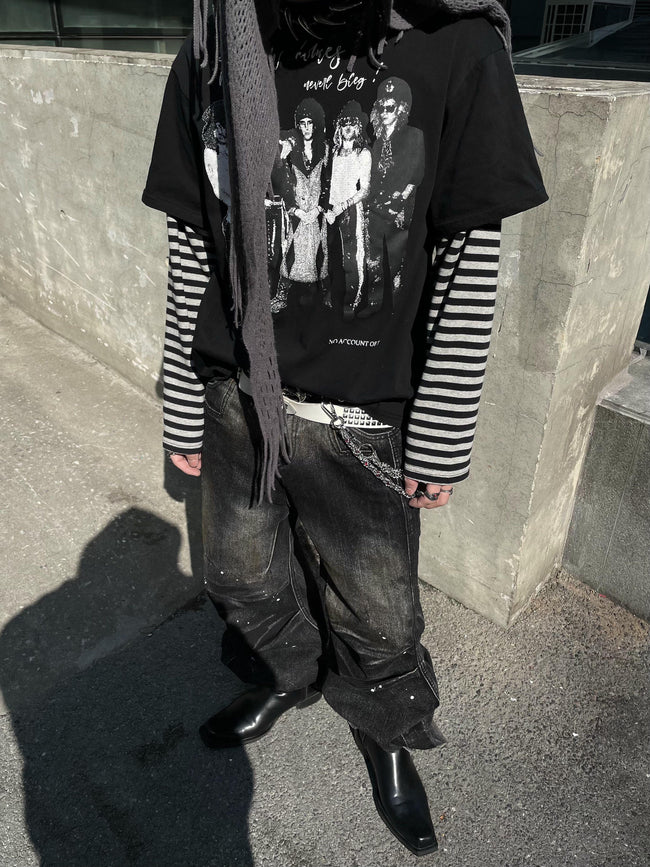 【25s Mar.】Character Print Rock Mock Two Piece Stripe Stitching Top Hover Image
