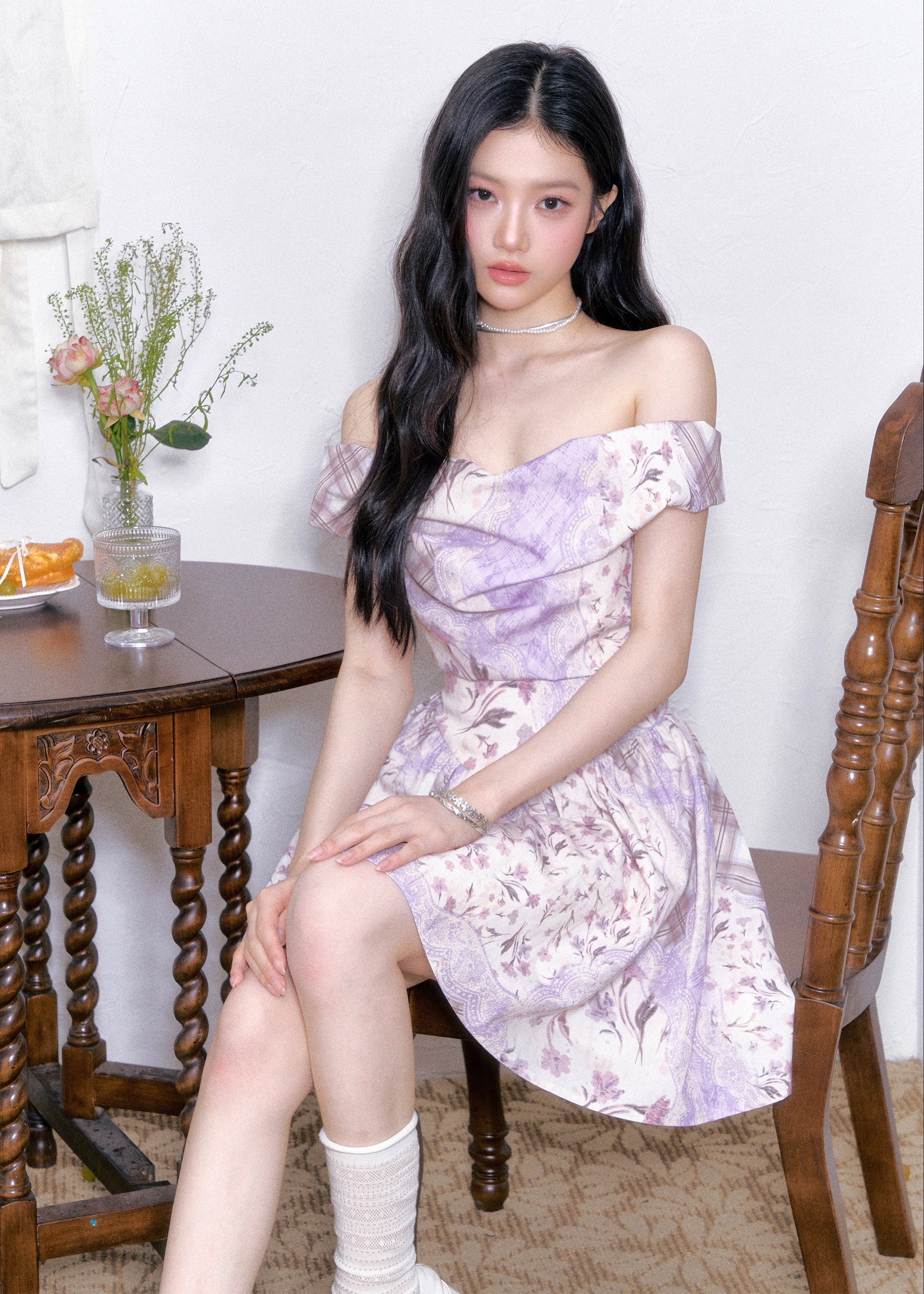 Purple Mist Floral Off-Shoulder Dress