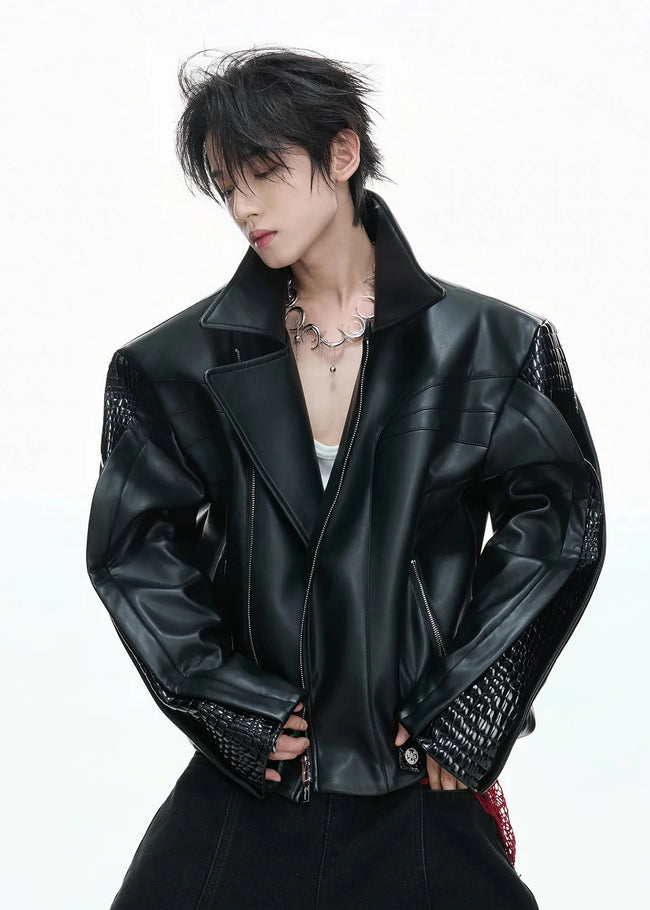 【26s Feb.】Deconstructed Croc-Embossed Asymmetric Zip Leather Jacket Hover Image