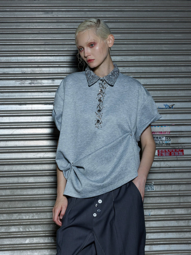 【25s Jun.】Sequined Safety Pin Polo Shirt T-shirt Main Image