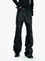 【26s May】Waxed Distressed Zip Panel Straight Denim Pants