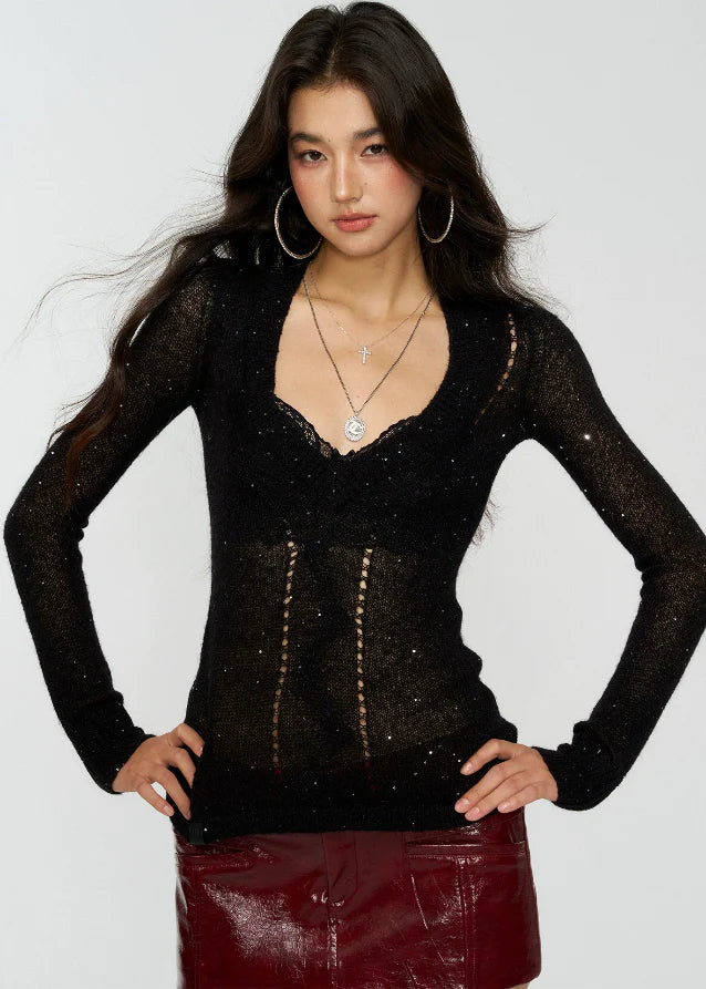 Shine Frame Deep-V Sparkle Sweater
