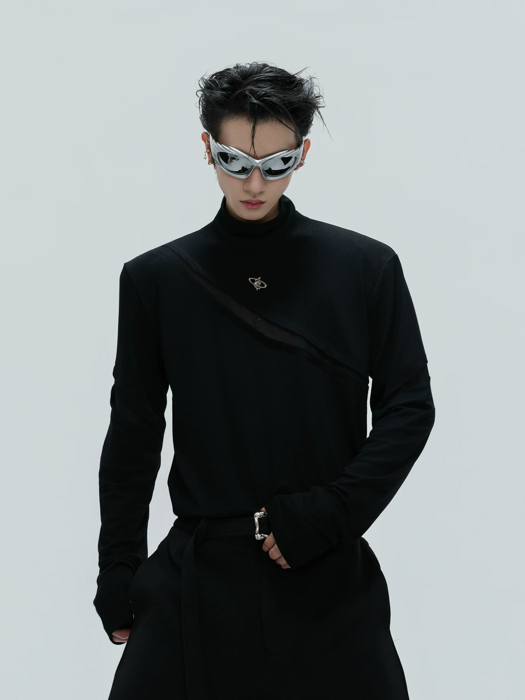 【25s Nov.】High-neck Deconstructed Base Layer High-elastic Metallic T-shirt