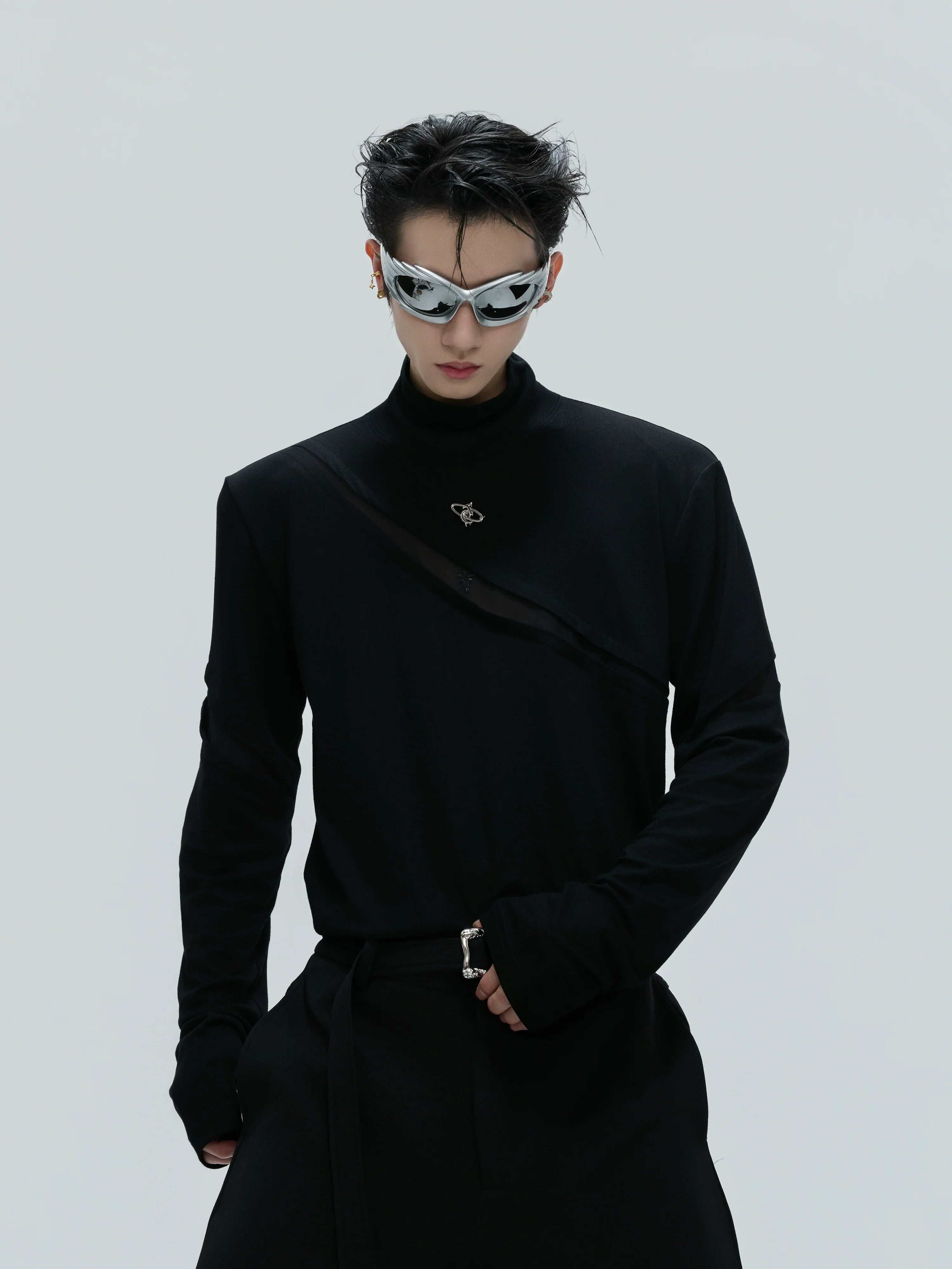 【25s Nov.】High-neck Deconstructed Base Layer High-elastic Metallic T-shirt