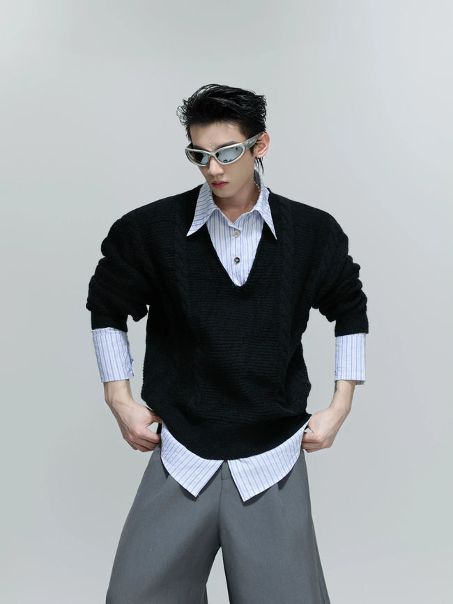【25s Oct.】Shirt-paneled Button-down V-neck Sweater Main Image