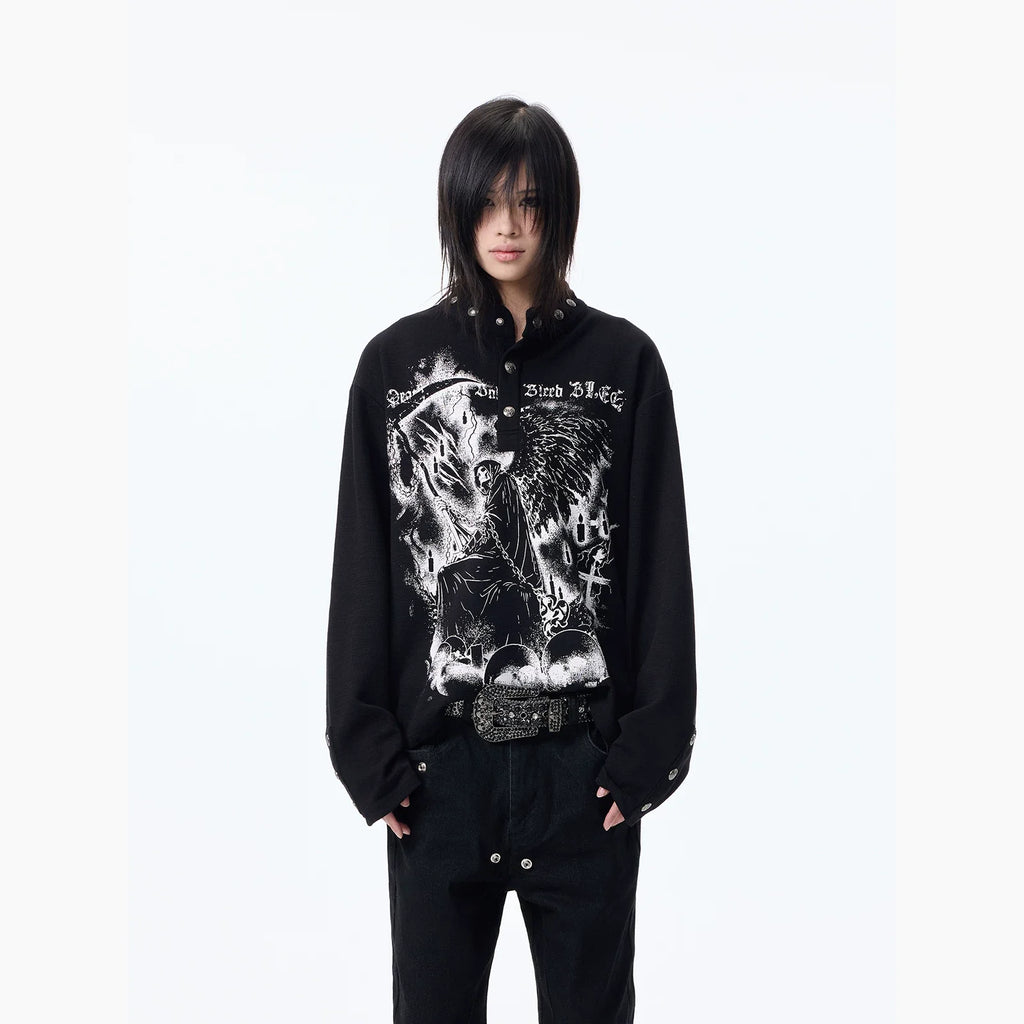 Dark Graphic Button Long Sleeve Tee