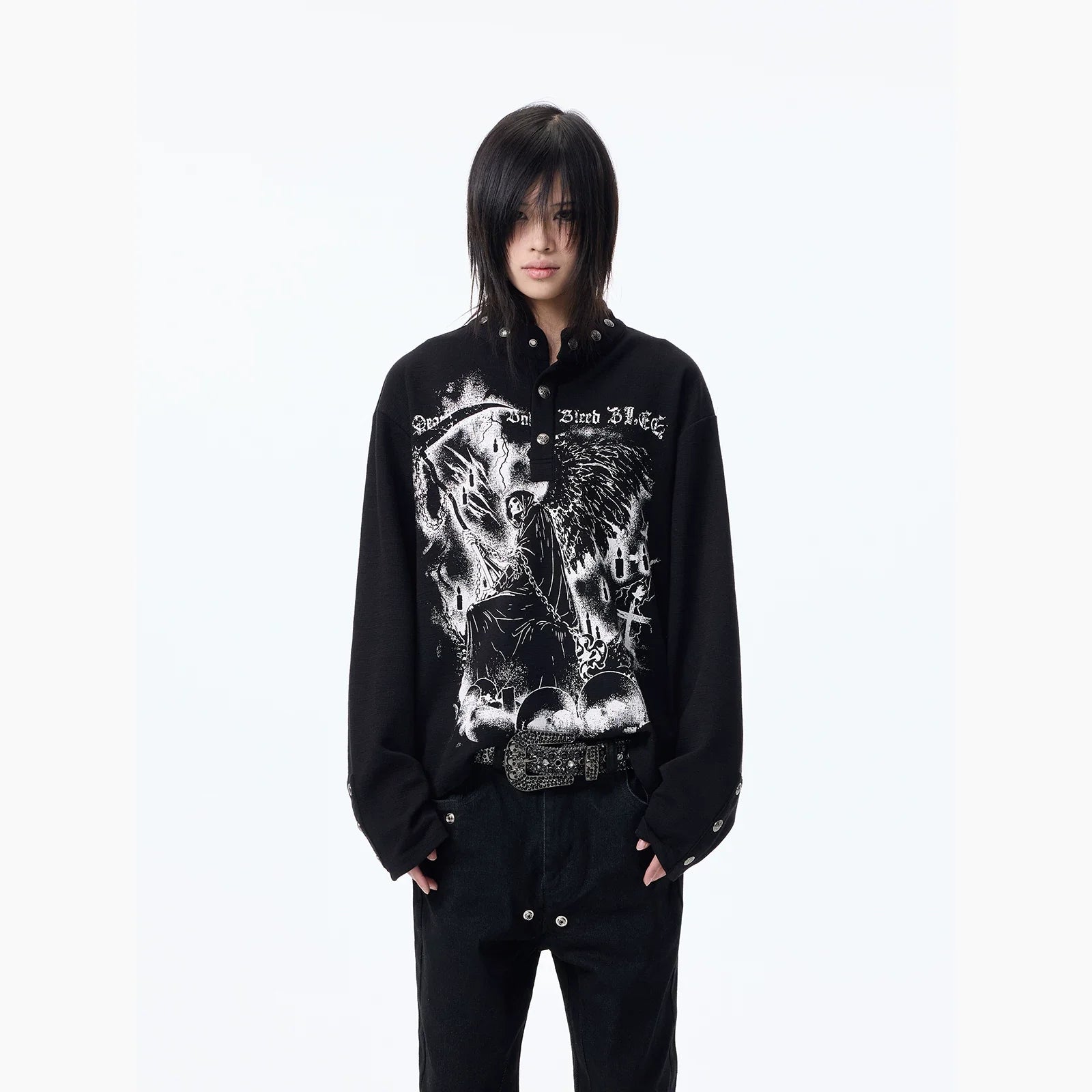 Dark Graphic Button Long Sleeve Tee