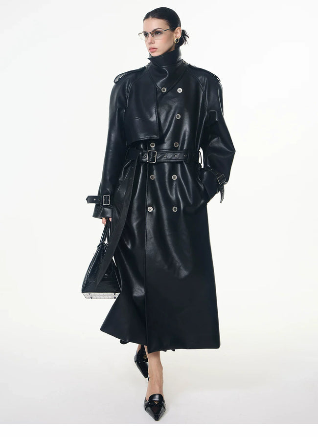 【26s May】Deconstructed PU Leather Double-Breasted Trench Coat Hover Image