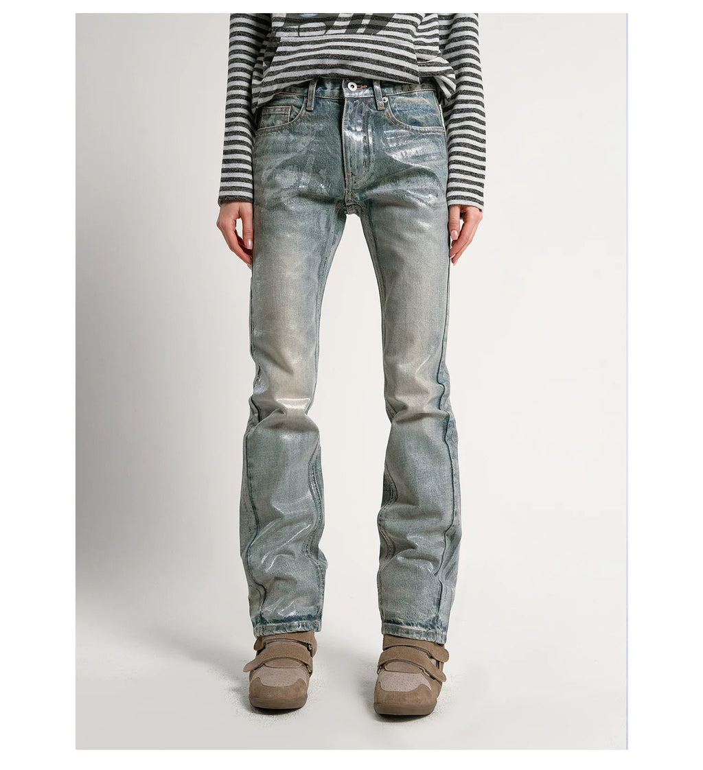 Ice Blue Crack Washed Flared Denim Jeans