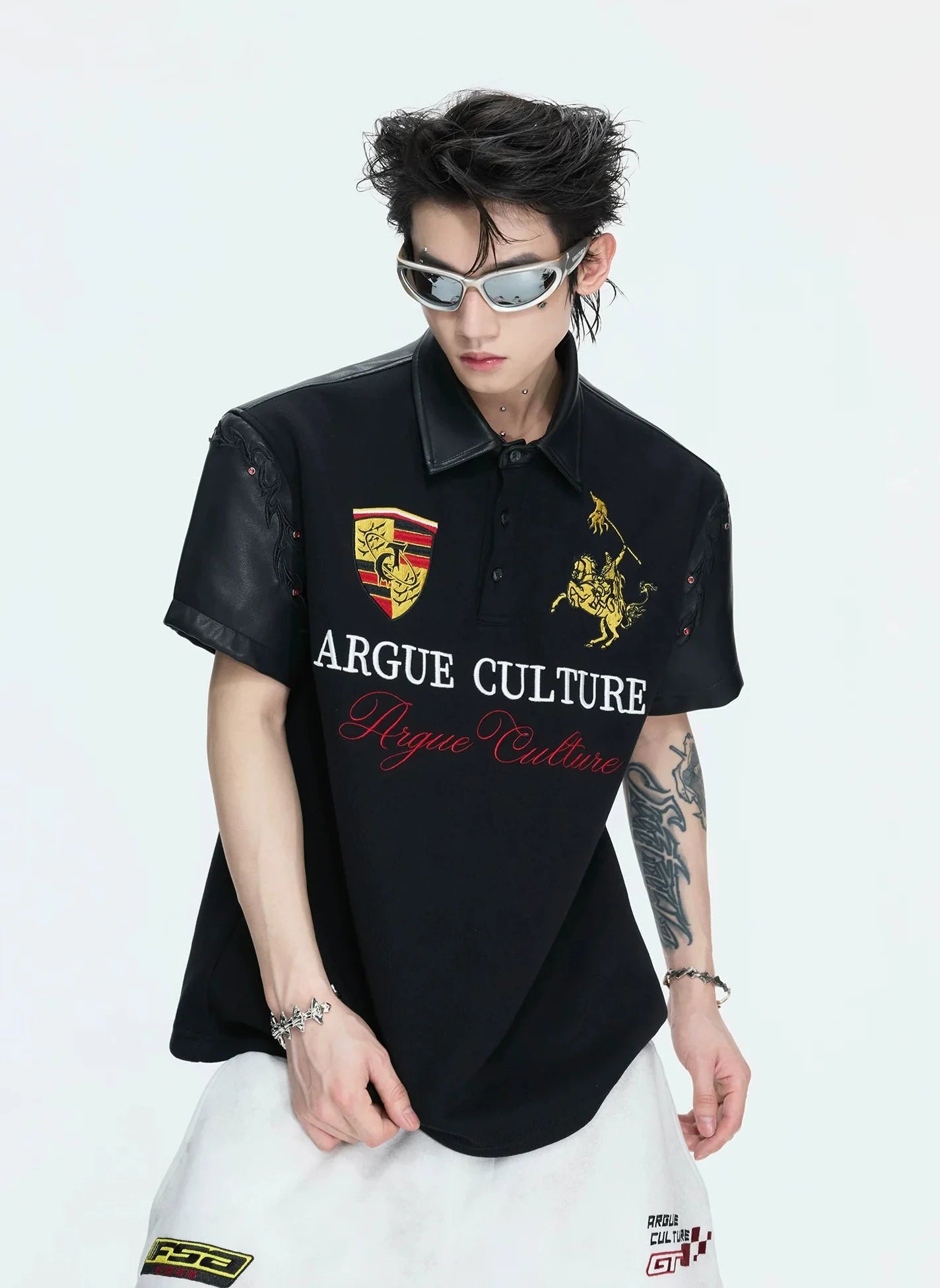 Leather Panel Studded Polo Tee