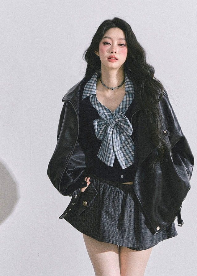 K-Idol Plaid Bow Layered Top