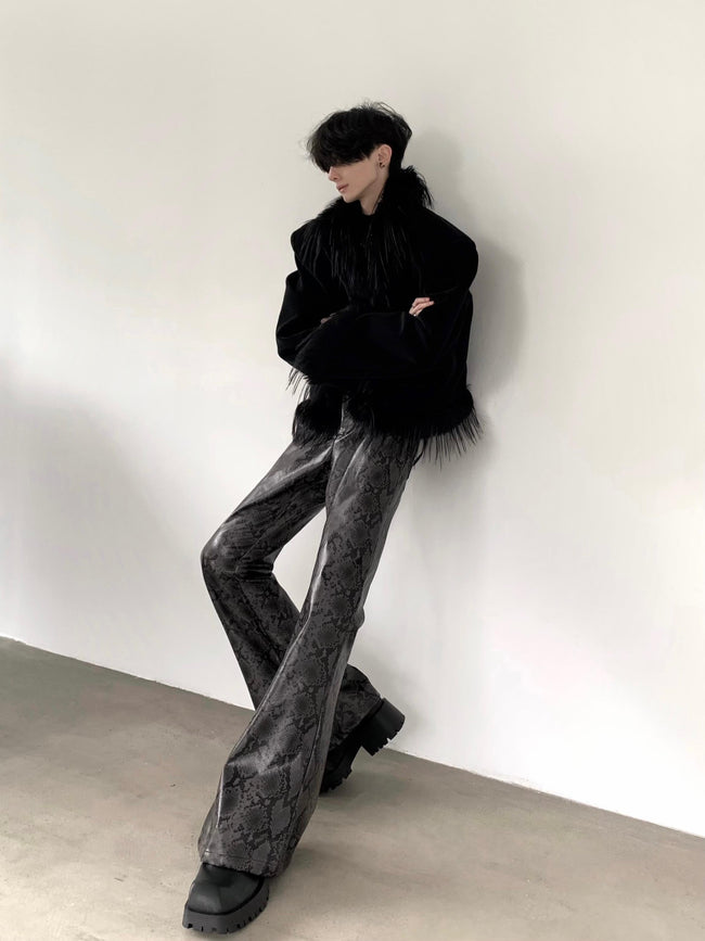 【25s Apr.】Retro High Waist Snakeskin Pattern Flared Leather Pants Main Image