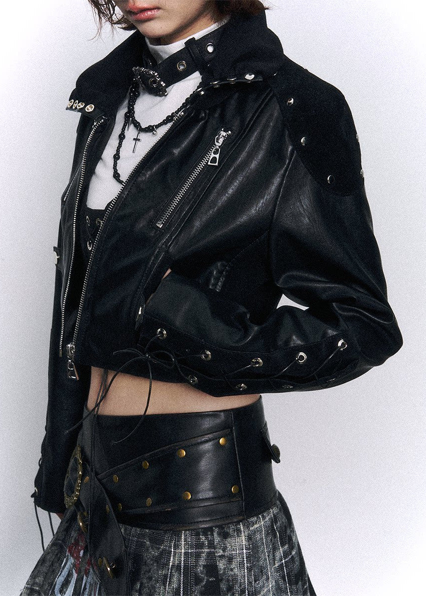 Stacked Collar Leather Jacket