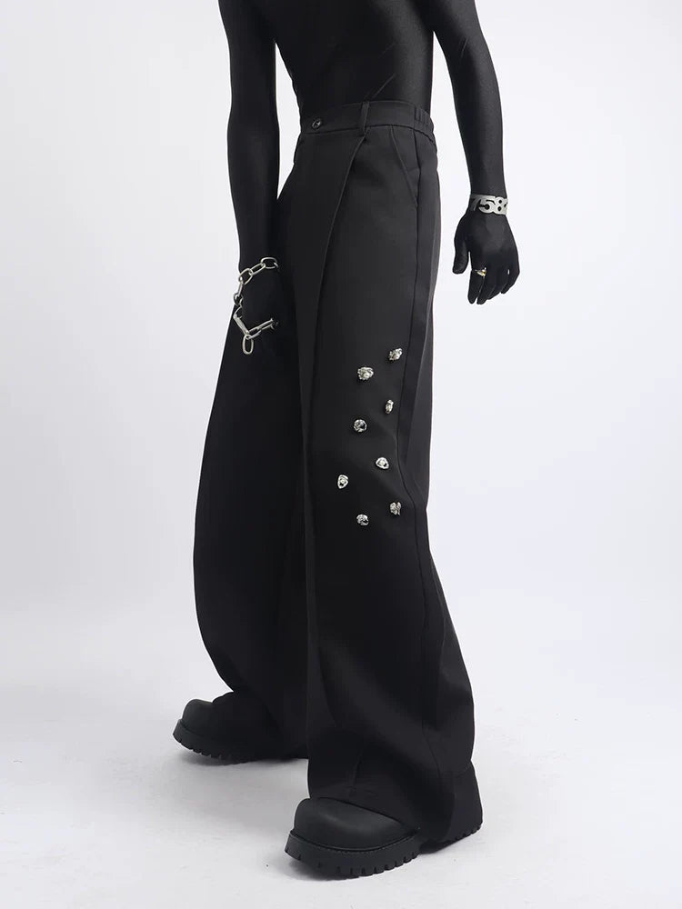 【26s May.】Metal Detail Patchwork Wide-Leg Black Pants