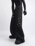 【26s May.】Metal Detail Patchwork Wide-Leg Black Pants