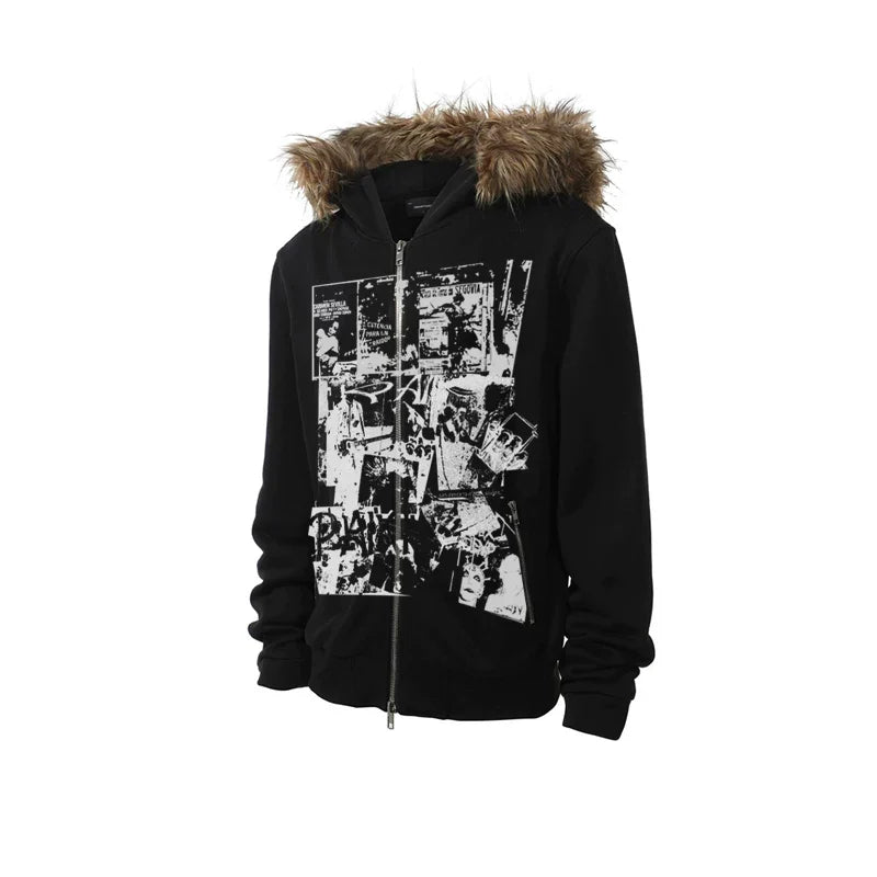 【26s Jan.】Vintage Printed Fur-Trim Zip-Up Hoodie Jacket