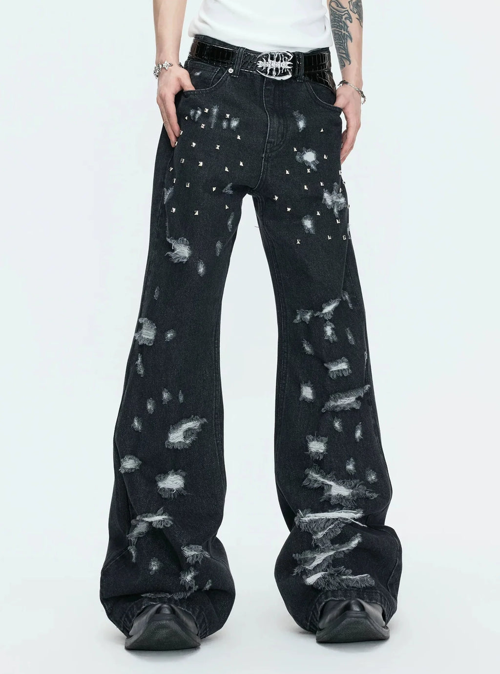 【26s Apr.】Distressed Studded Irregular Flared Denim Pants
