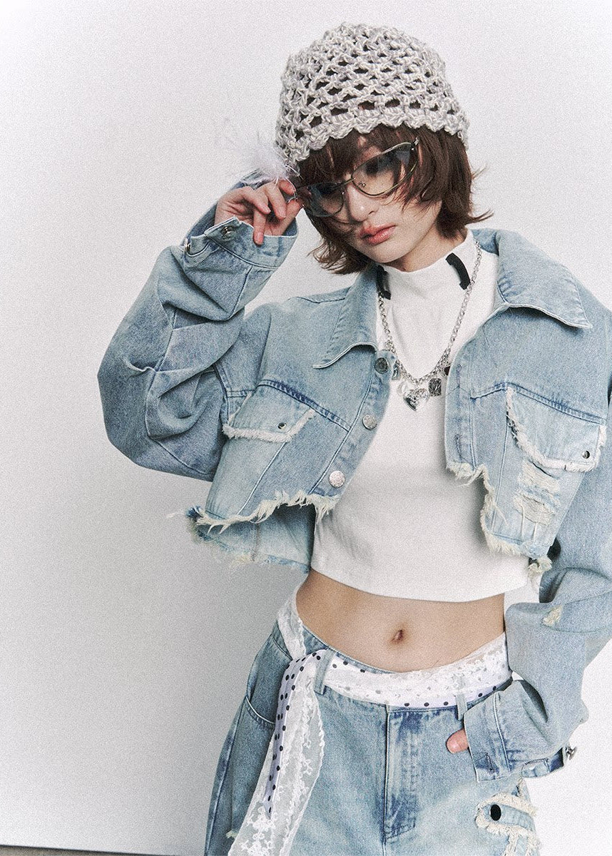 Cutline Cropped Denim Jacket