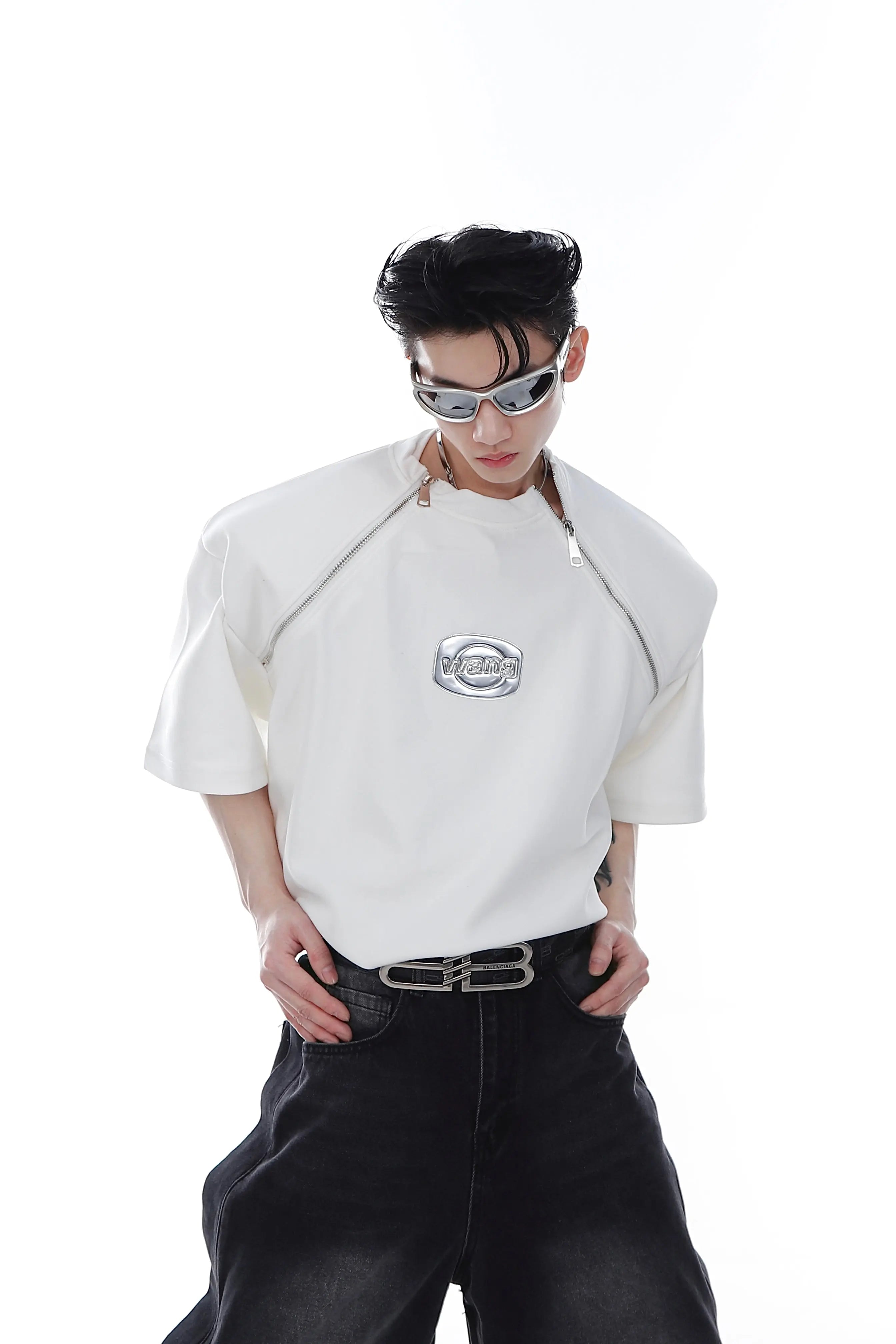 【25s Apr.】Shoulder Pad Round Neck T-shirt with Zipped